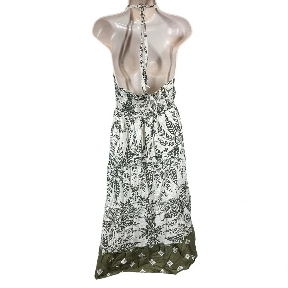 Y2k hippie floral summer midi dress halter neck green cream boho 100% cotton Med